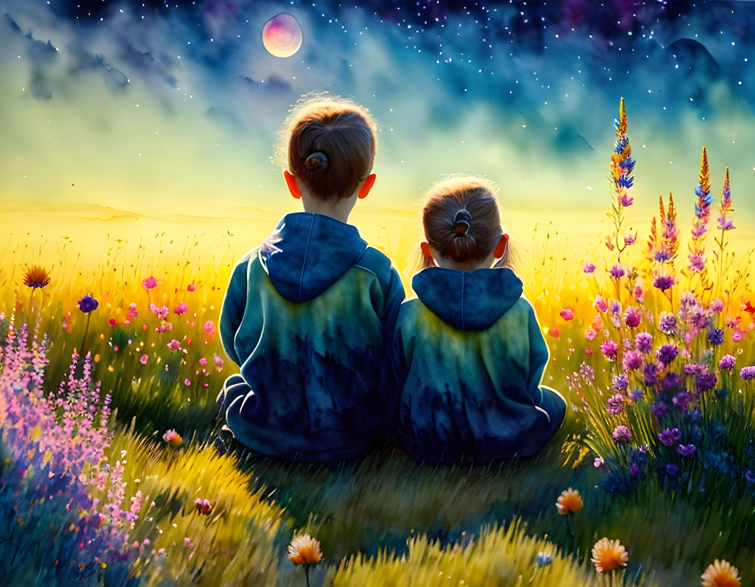 Children Sitting in Colorful Flower Field at Sunset with Moonlit Starry Sky