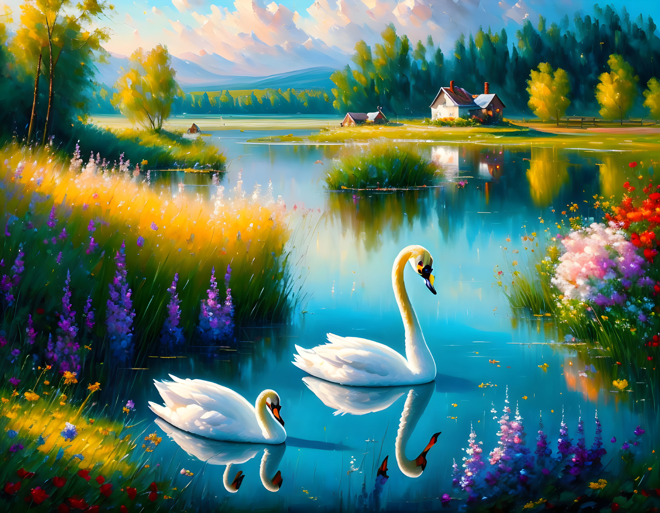 Tranquil Lake Scene with Swans and Wildflowers