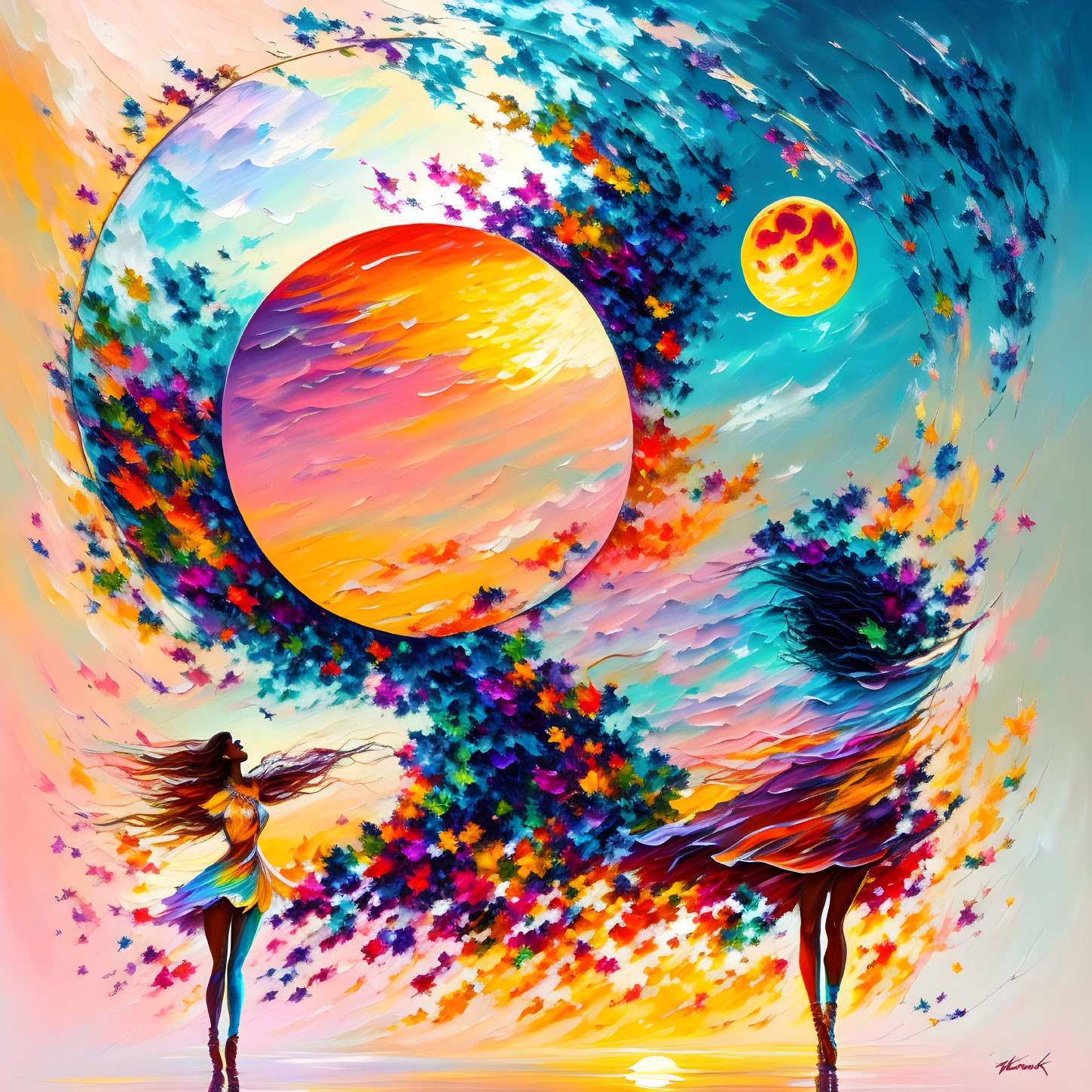 Colorful Artwork: Woman, Trees, and Celestial Sky