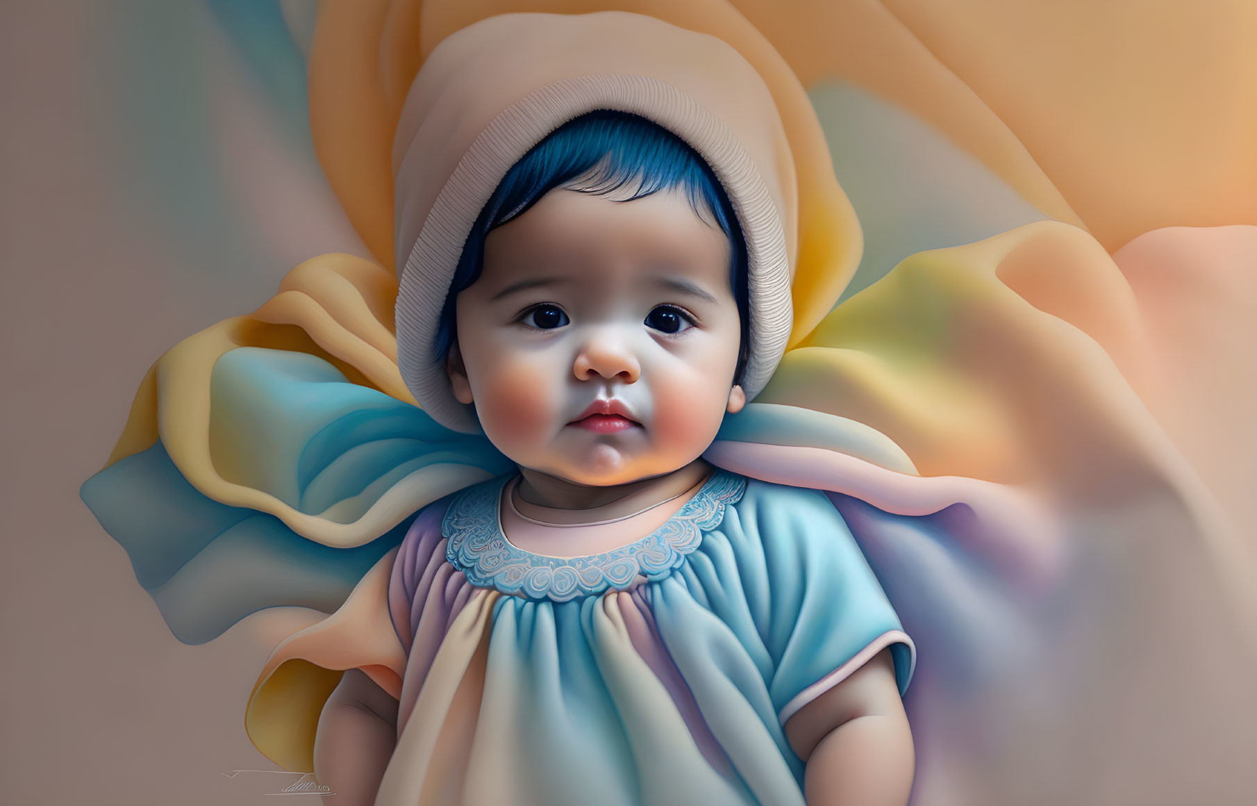 Baby in Blue Dress and Bonnet with Big Blue Eyes in Digital Painting