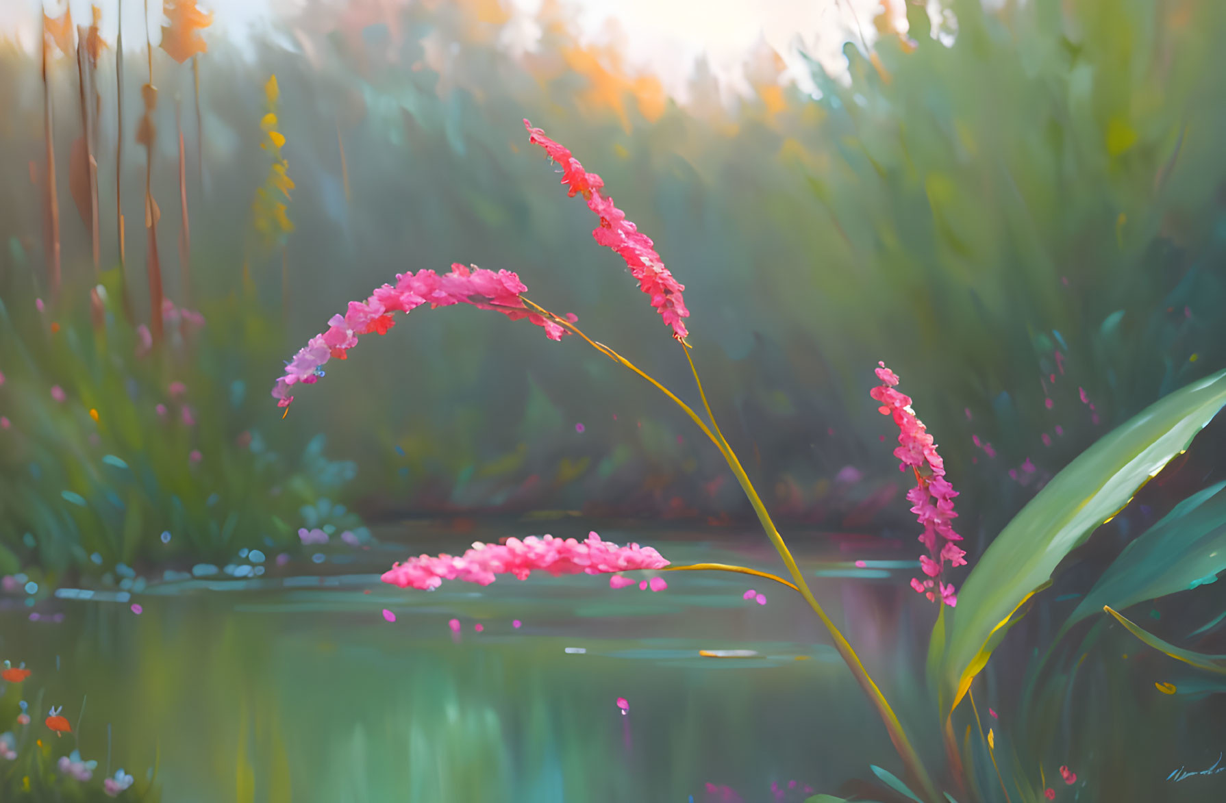 Tranquil pond with pink flowers and lush greenery