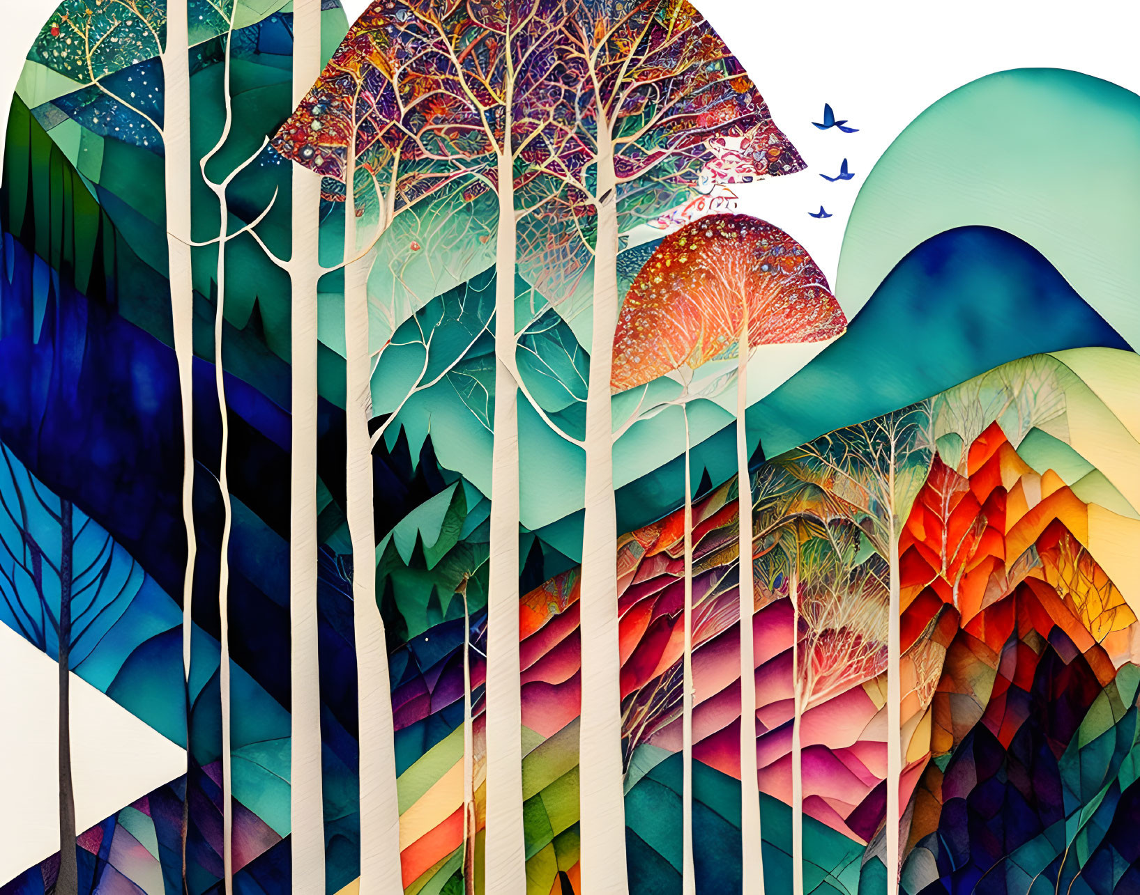 Vibrant digital artwork: stylized trees, intricate patterns, layered hills, birds