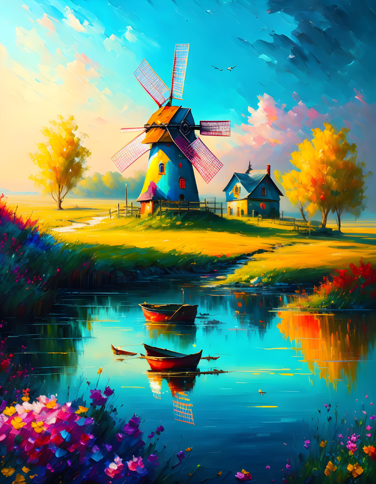 Scenic landscape with windmill, lake, boats, colorful sky, trees, and blooming flowers