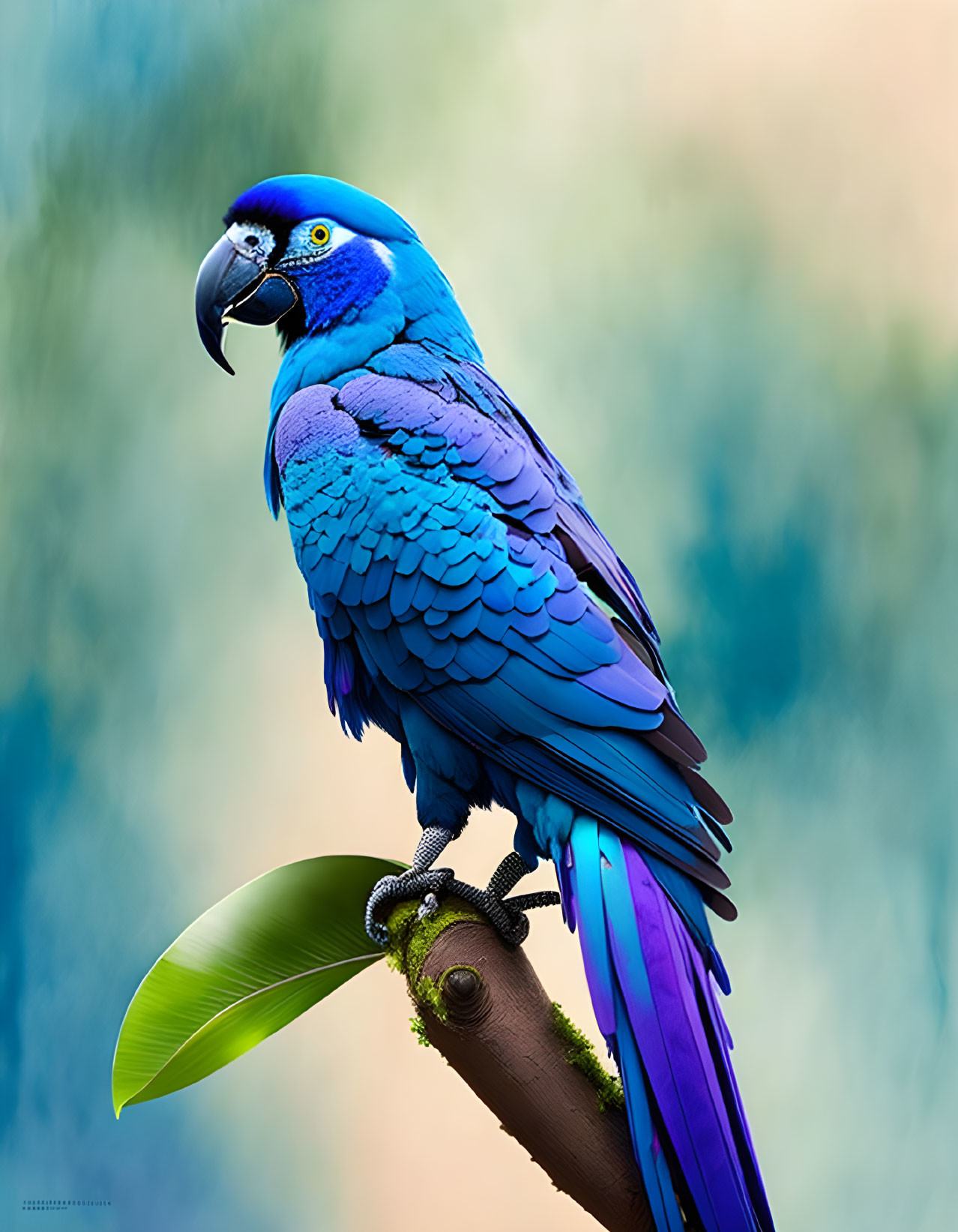 Colorful Blue Parrot Perched on Branch with Soft Blue and Green Background