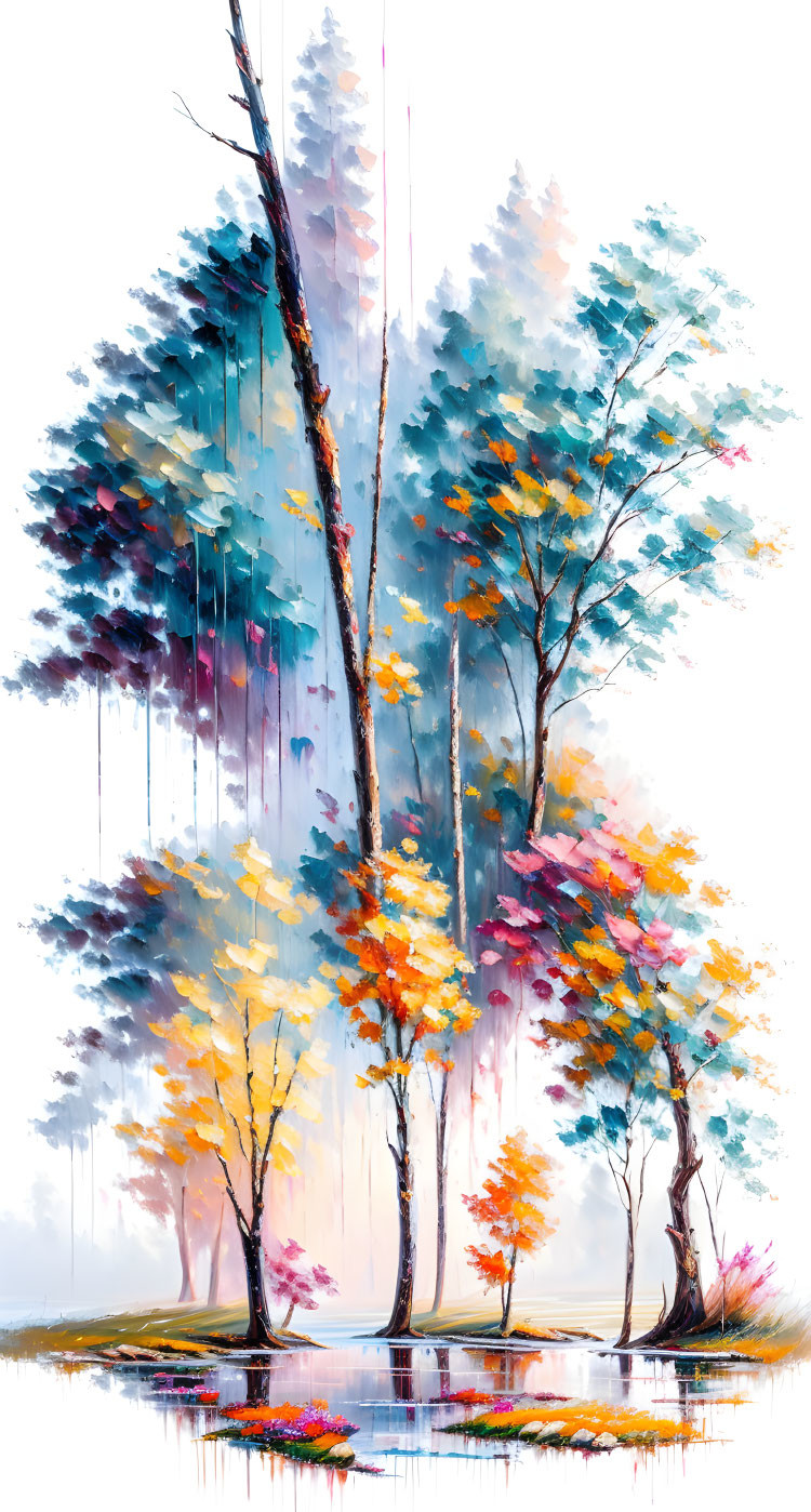 Vibrant autumn tree painting with reflection in water