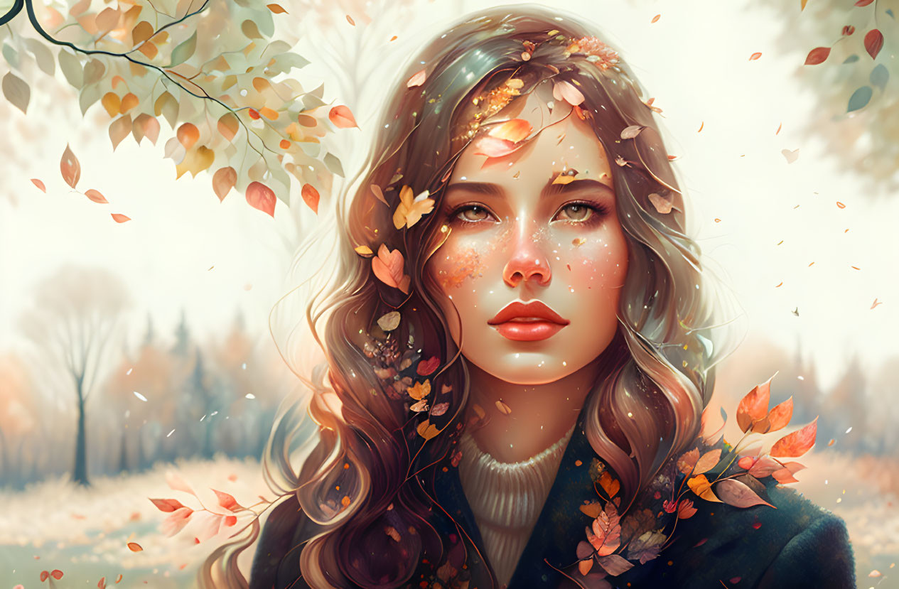 Woman with Autumn Leaves in Hair Surrounded by Foliage