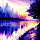 Serene lakeside watercolor with gradient sky and silhouetted trees