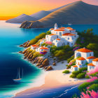 Tranquil coastal landscape with white buildings, pink flowers, boats, and sunset