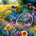 Vintage bicycles with baskets in colorful flower field under bokeh light.