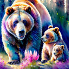 Mother Bear and Cub Among Vibrant Flowers in Colorful Forest Setting