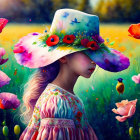 Colorful Floral Dress and Wide-Brimmed Hat Girl in Poppy Field with Bird