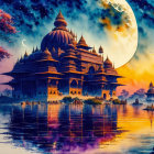 Fantastical digital art of ornate palace by reflective lake with cherry blossoms, crescent moon