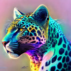 Colorful Leopard Head Art with Neon Glow Effect