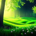 Lush forest with sunbeams on green grass and wildflowers