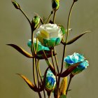 Cluster of Unique Blue Roses with Green Stems on Soft-focus Earthy Background