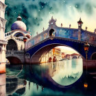 Vibrant, surrealistic Venice: Rialto Bridge and water reflection.