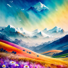 Colorful mountain range with blooming flowers and birds in vibrant sky