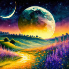 Colorful landscape with hills, flowers, moon, planet, and twilight sky