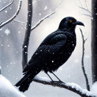 Black raven on snow-covered branch in wintery forest with falling snowflakes