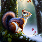 Detailed Illustration: Squirrel on Snowy Tree Branch with Berries