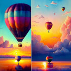 Vibrant hot air balloons over serene lake at sunset