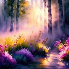 Sunlit forest digital painting with mist and pink/purple flowers by serene water body