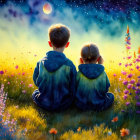 Children Sitting in Colorful Flower Field at Sunset with Moonlit Starry Sky