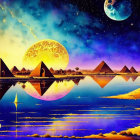 Artwork: Egyptian pyramid landscape with cosmic moon, stars, and nebula over reflective river