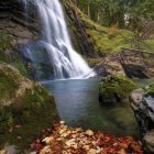 Scenic waterfall in colorful meadow with flowers