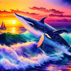 Whale breaching at sunset with sailboat and colorful sky