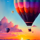 Colorful hot air balloon over serene lake at sunset with pink and blue sky reflections.