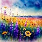 Colorful Wildflower Field with Mountain Range in Watercolor