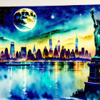 Vibrant New York City skyline night illustration with Statue of Liberty and crescent moon planet.