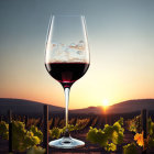 Red Wine Glass in Vineyard Sunset Setting