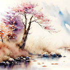 Tranquil watercolor painting of pink tree by misty river