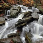 Tranquil river scene with autumn foliage, rushing waters, moss-covered rocks, and towering trees.