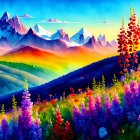 Colorful Landscape Painting: Serene Lake, Cottages, Flowers & Sunset Sky