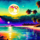 Tropical Nighttime Scene with Moon, Palm Trees, and Ocean