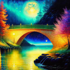 Nighttime landscape with illuminated bridge, colorful trees, and starry sky