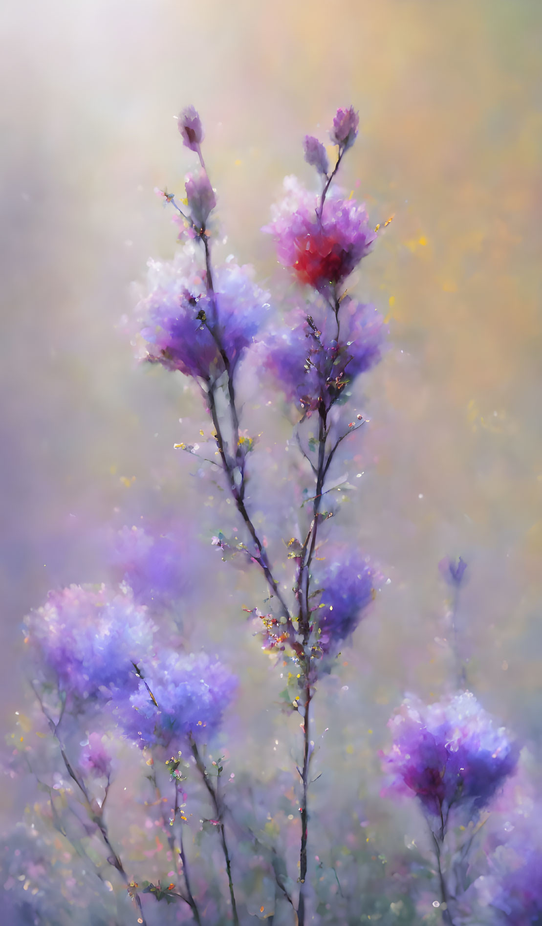 Purple Flowers on Branch with Multicolored Bokeh Background