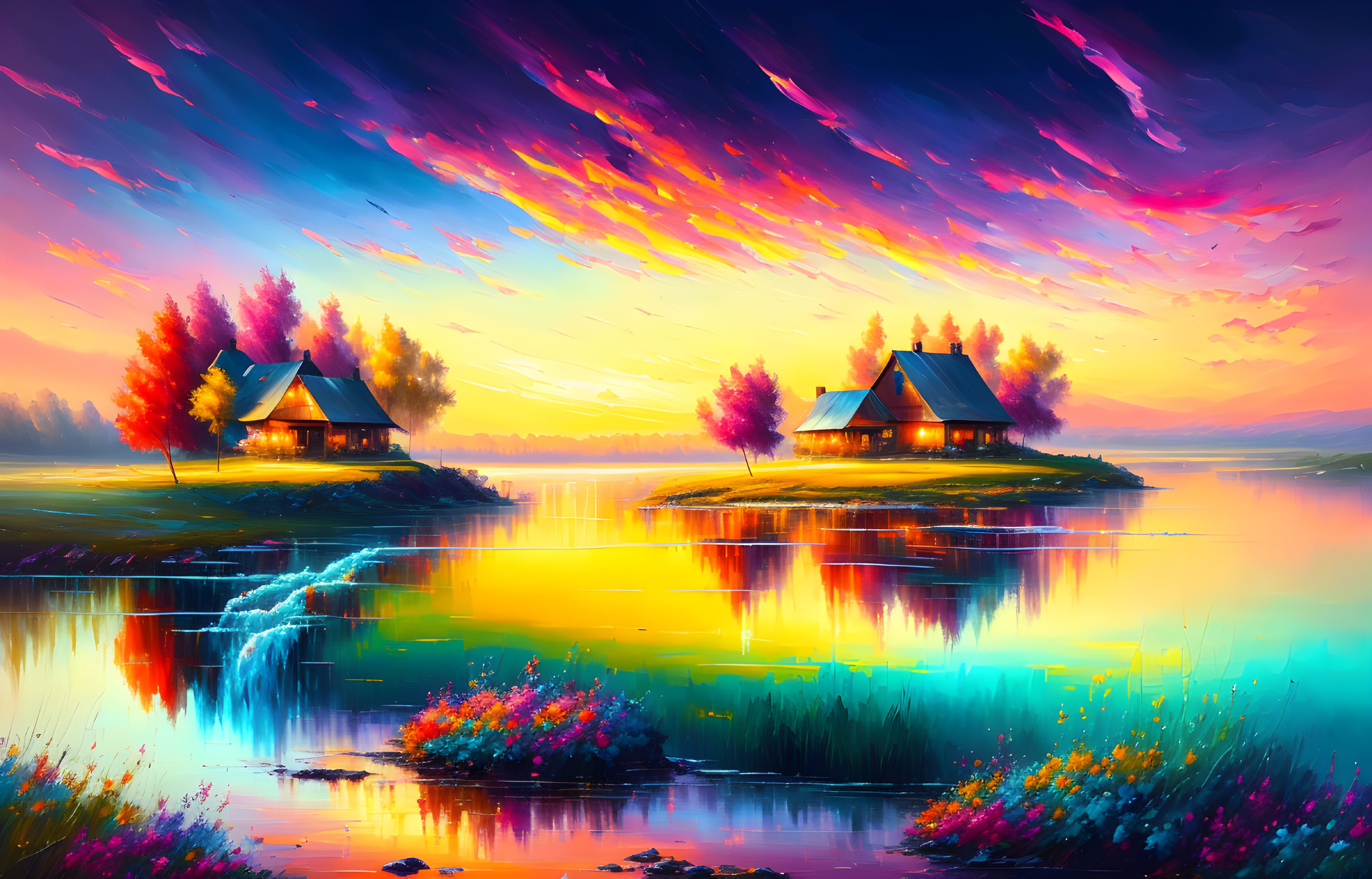 Scenic painting: lakeside cottages, colorful sunset sky, trees, and flowers