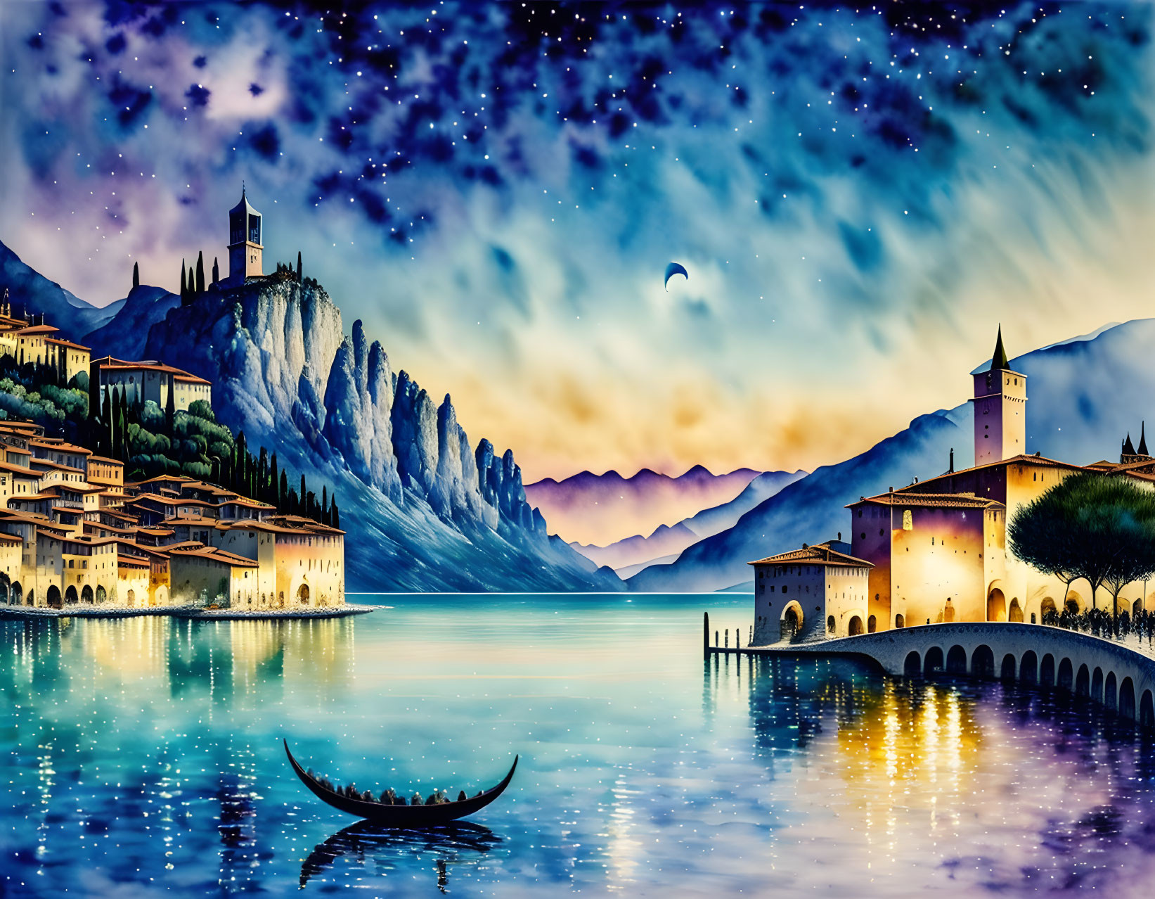 Scenic lakeside village at dusk with starry sky, mountains, gondola, and bridge