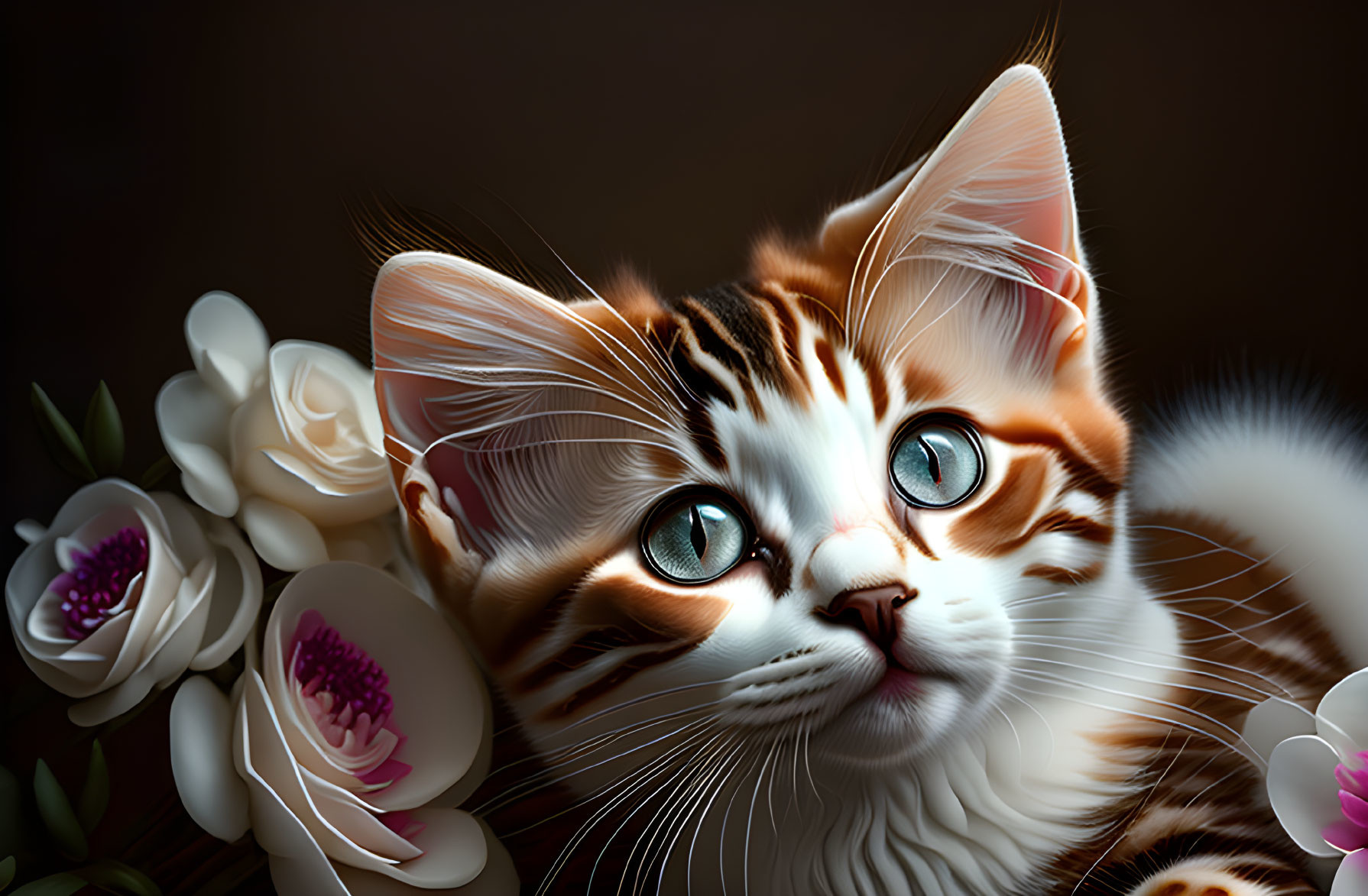 Brown and White Kitten with Blue Eyes Among Flowers in Realistic Artistry