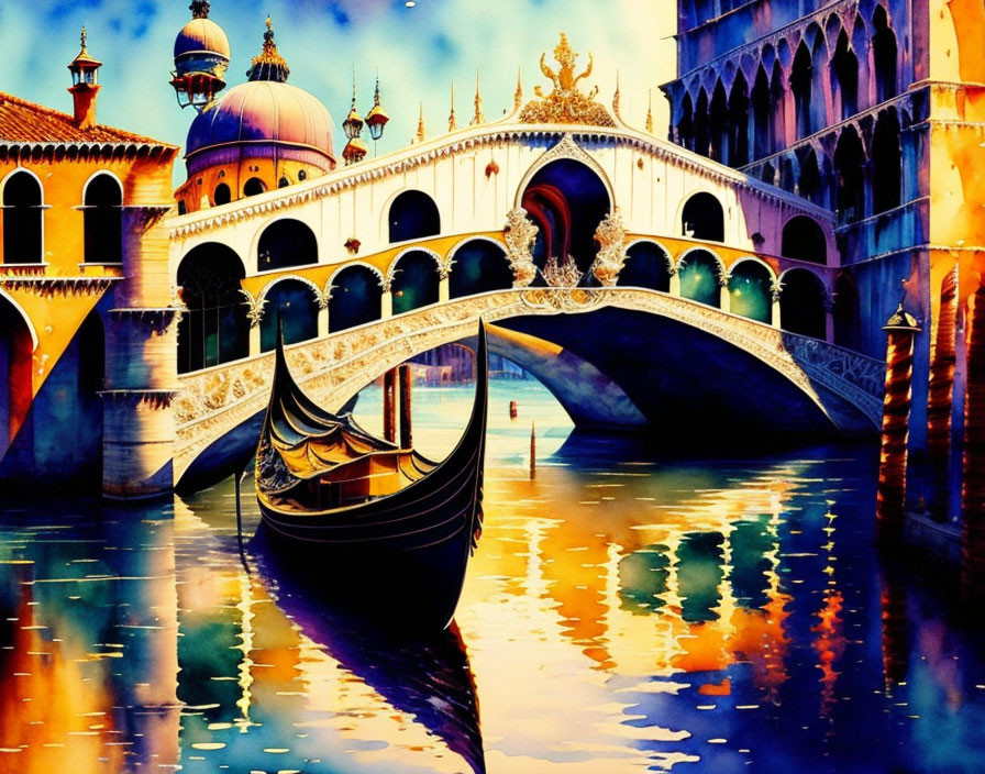 Colorful Venice Scene: Gondola, Ornate Bridge, and Reflective Water