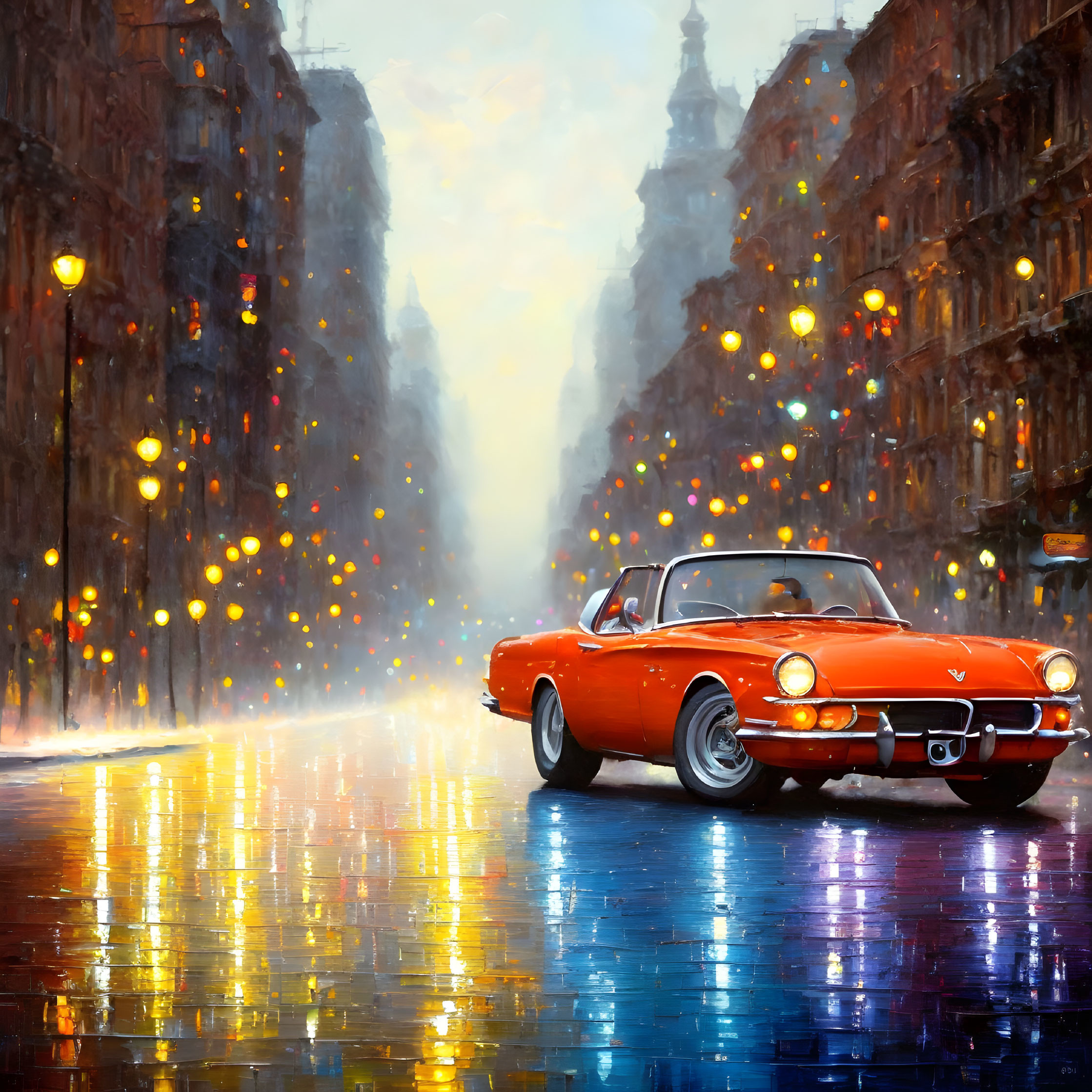 Vintage red car driving on rain-soaked city street at dusk