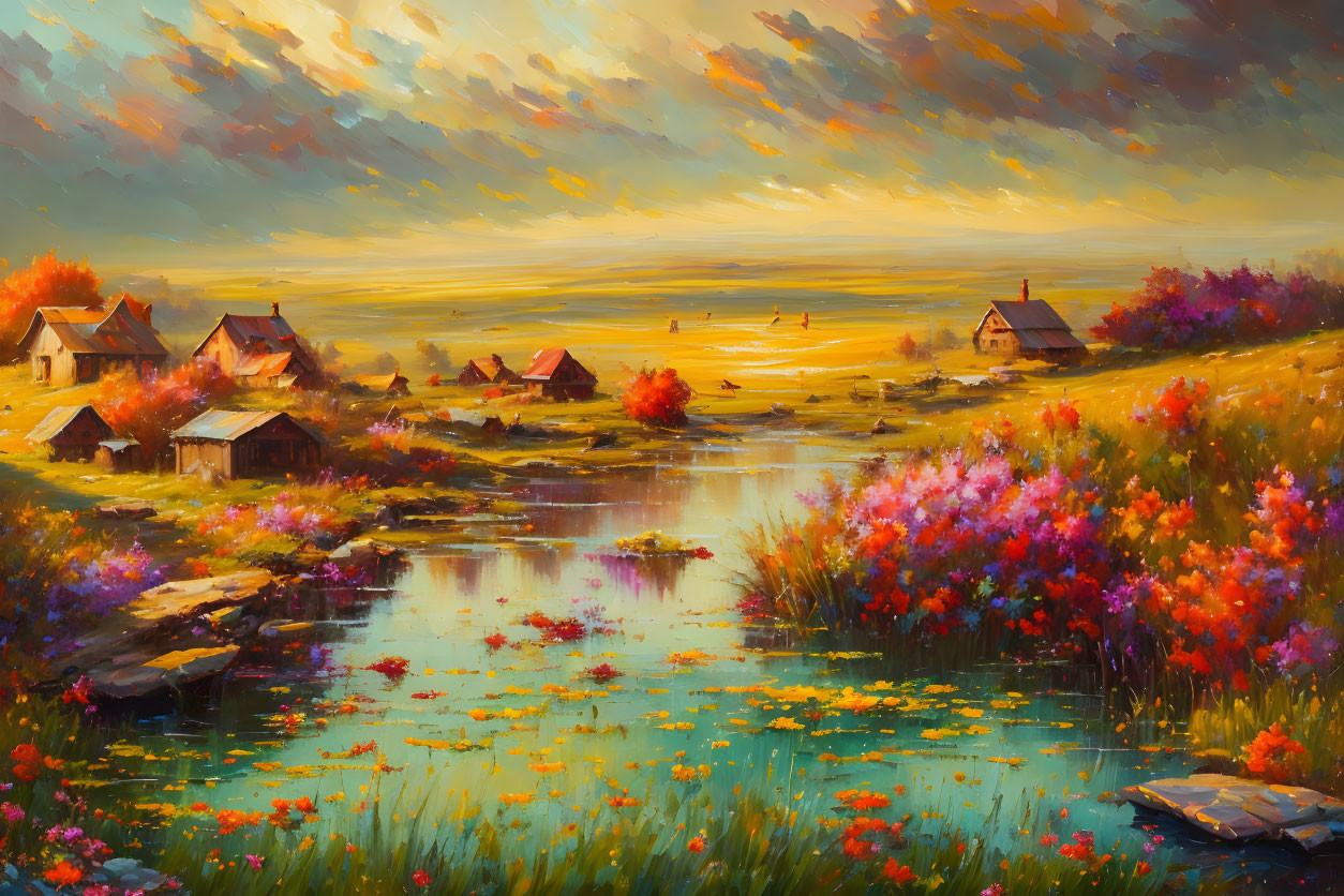 Tranquil lake with wildflowers, cottages, sunset sky