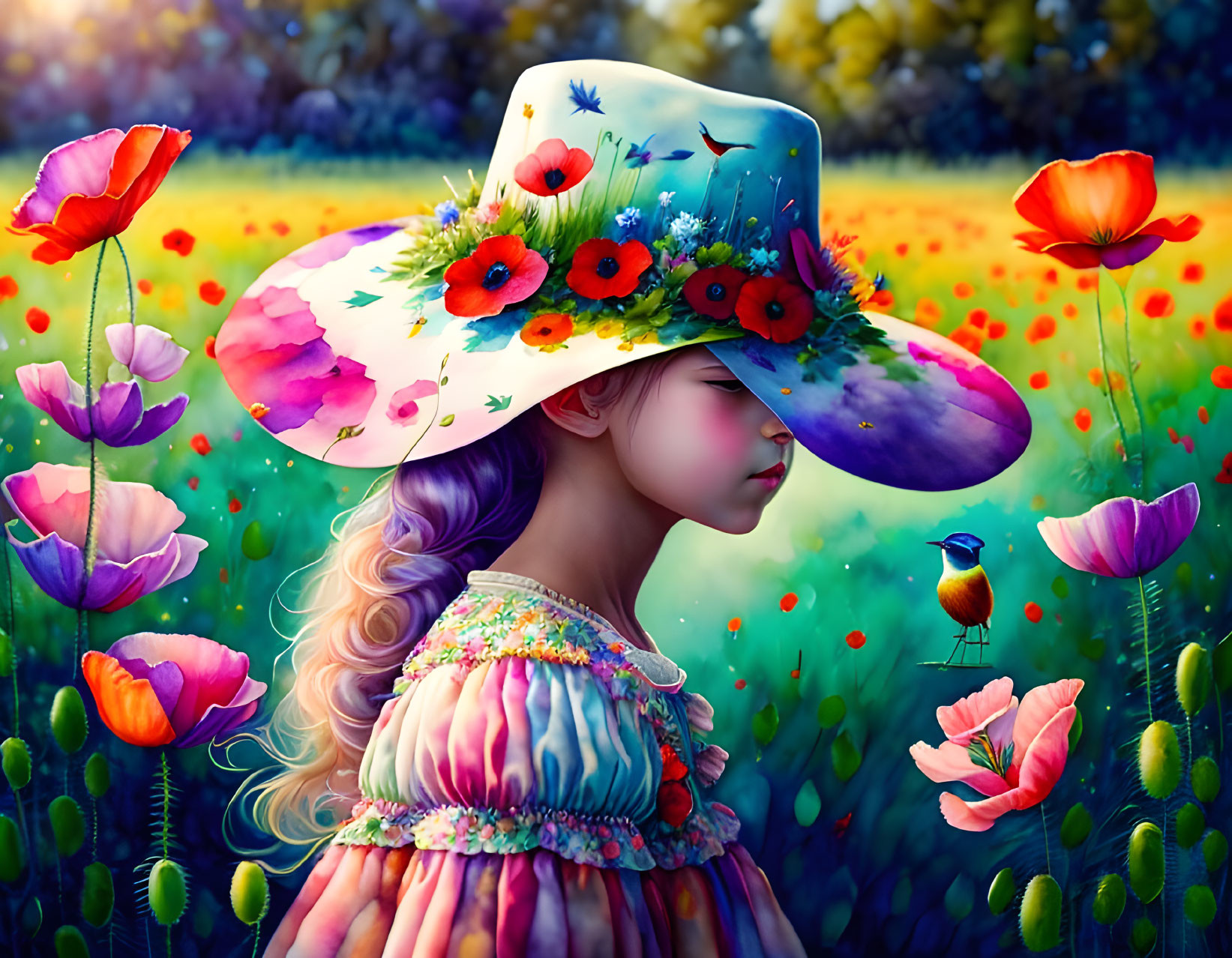 Colorful Floral Dress and Wide-Brimmed Hat Girl in Poppy Field with Bird