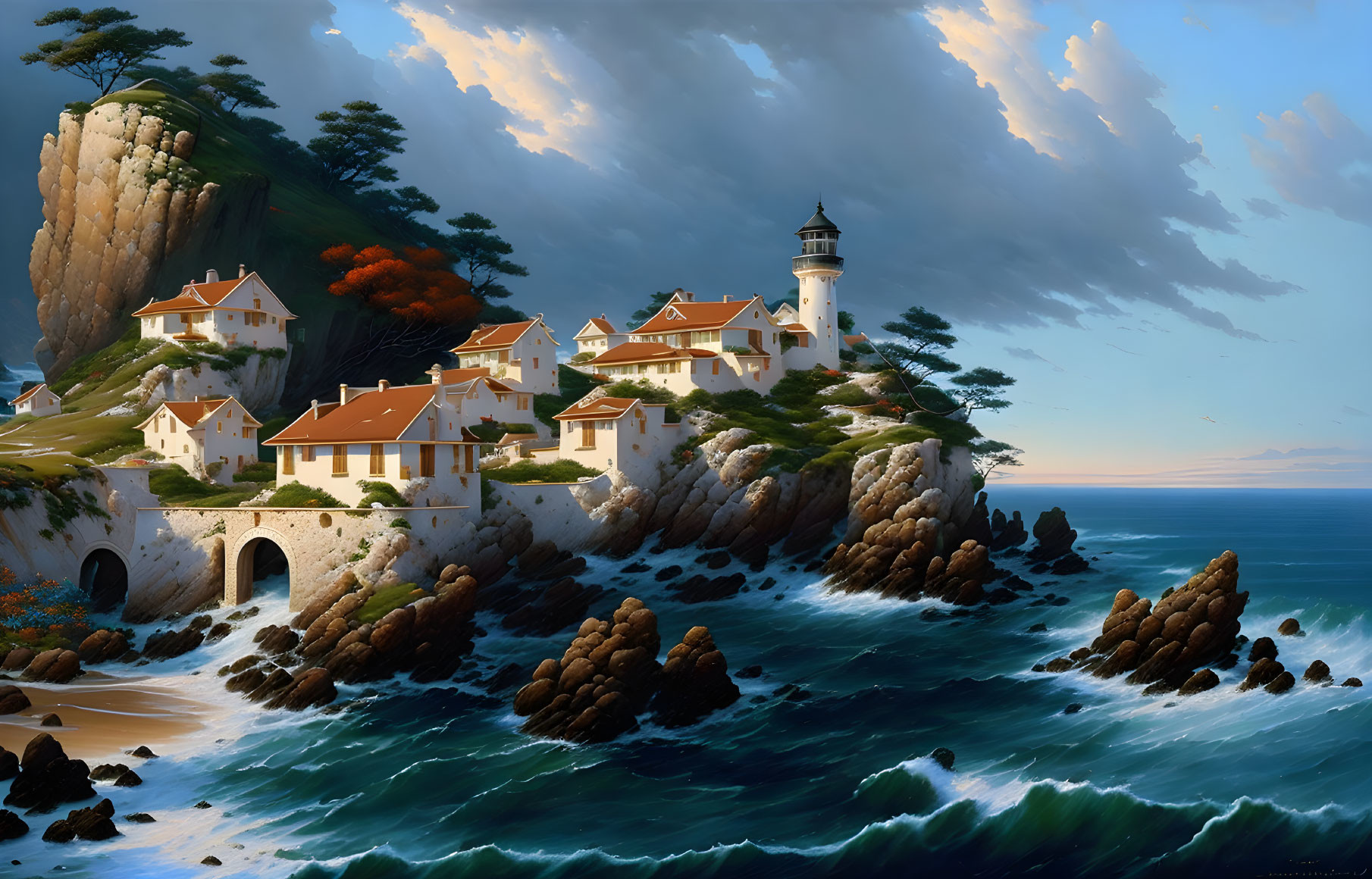 Scenic coastal landscape with lighthouse, white buildings, and turbulent sea