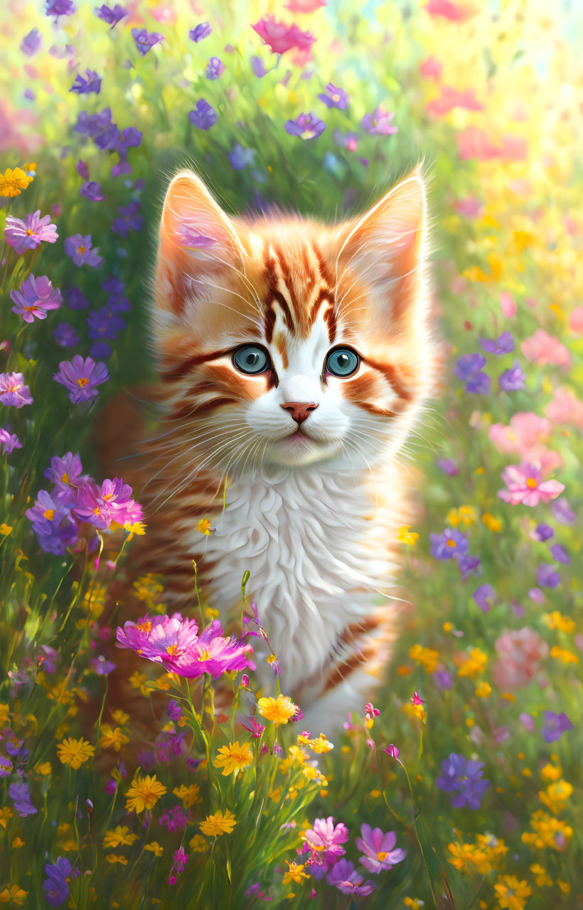 Orange and White Kitten with Blue Eyes in Colorful Meadow