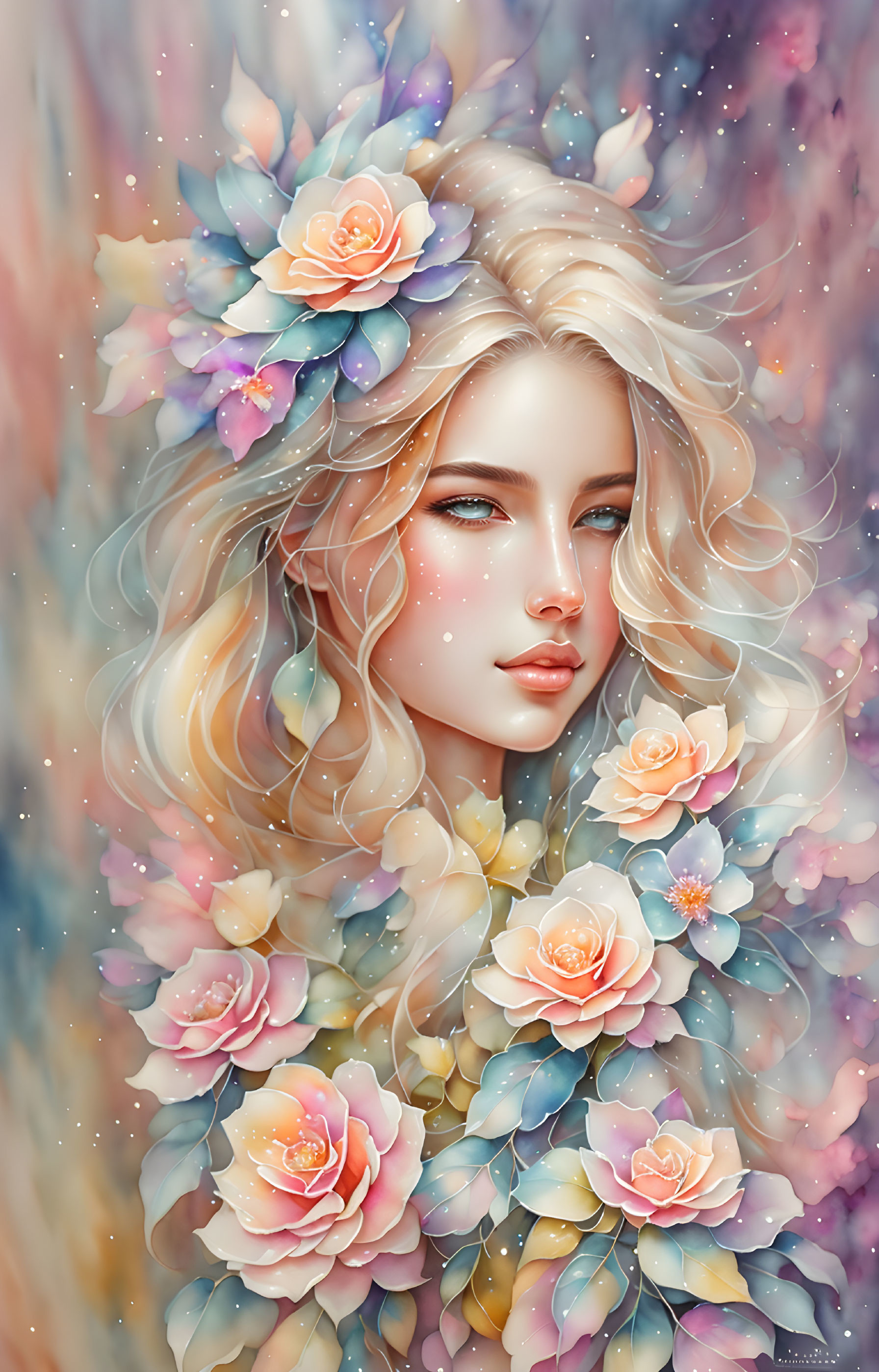 Blonde woman with floral hair in whimsical setting